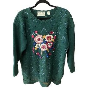 Vintage grandma ribbon embroidered chunky green cottage core knit sweater Large